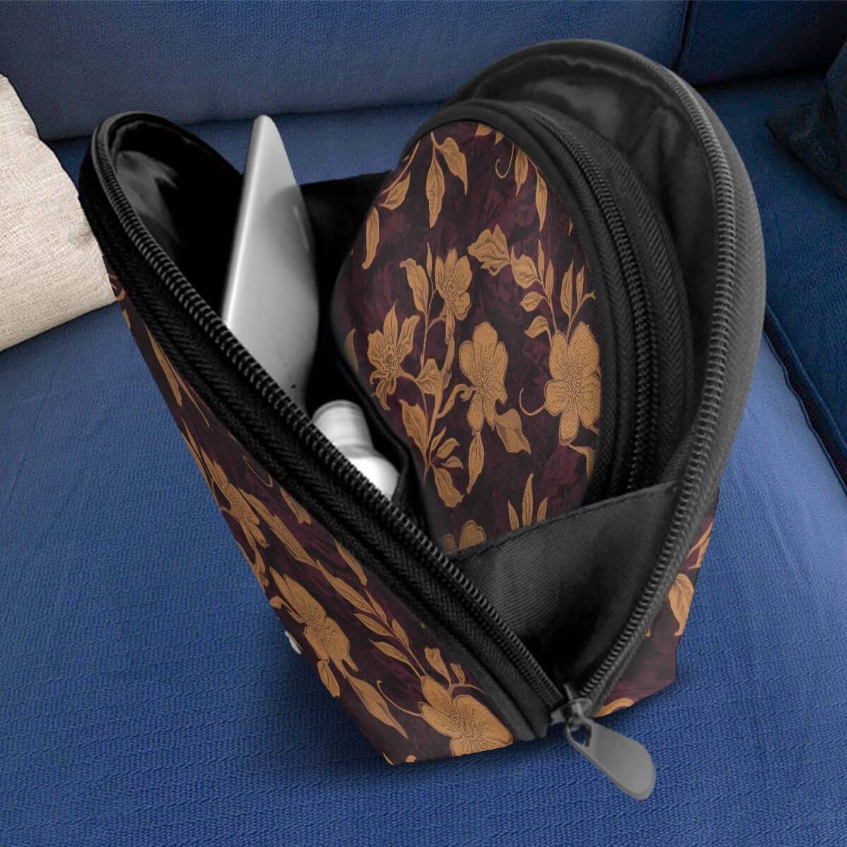 Storage Bags Set of 2 in floral design, polyester material, large size with zipper open, showcasing compartment details.