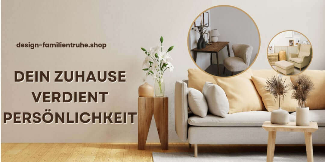 Modernes Wohnzimmerbanner mit beigem Sofa, stilvollem Dekor und dem Text „Dein Zuhause verdient Persönlichkeit“ von                  design-familientruhe.shop