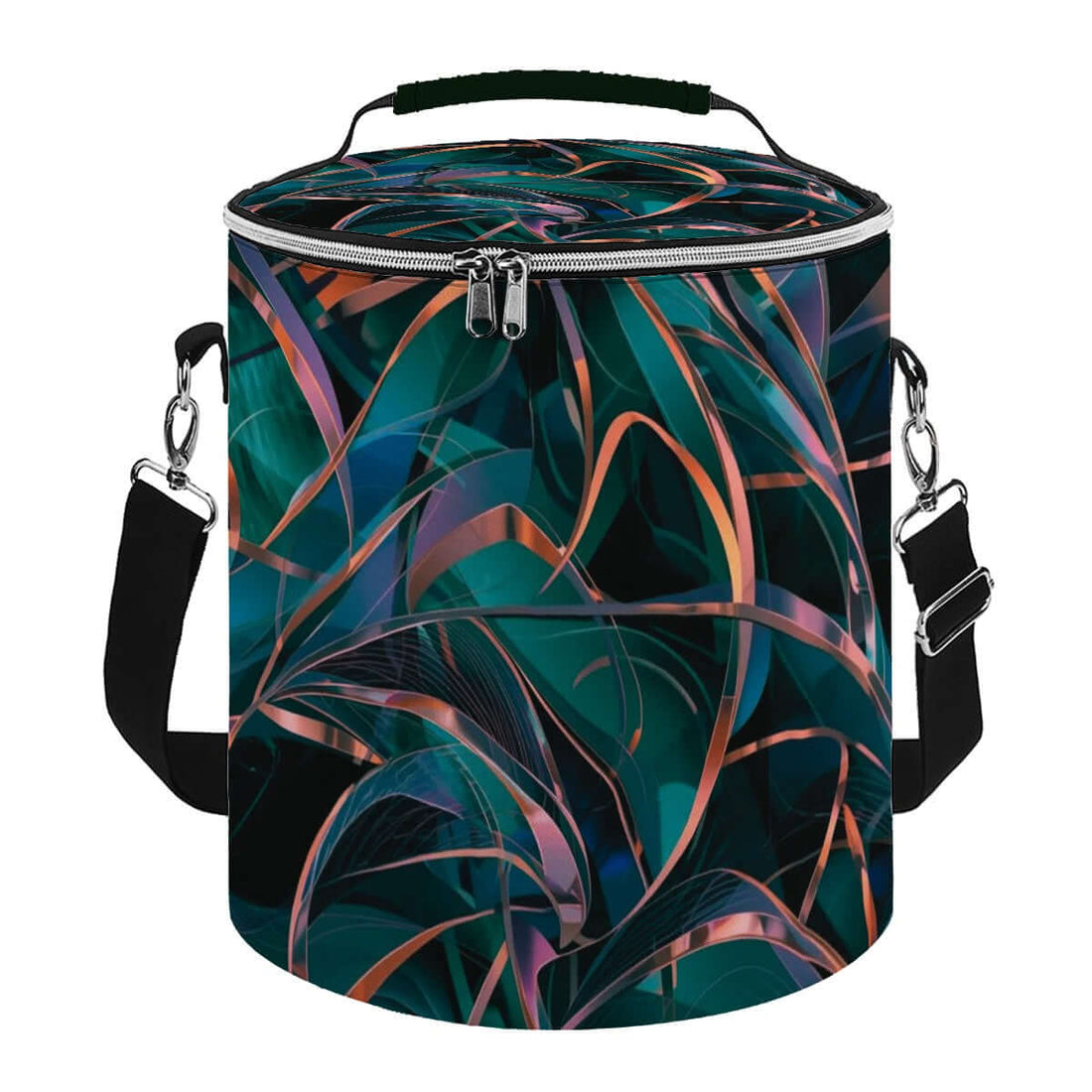 Camping-Kühltasche in modernem Design, tragbar und isoliert, wasserdicht, perfekt für Outdoor-Aktivitäten, aus Polyester, sublimiert bedruckt.