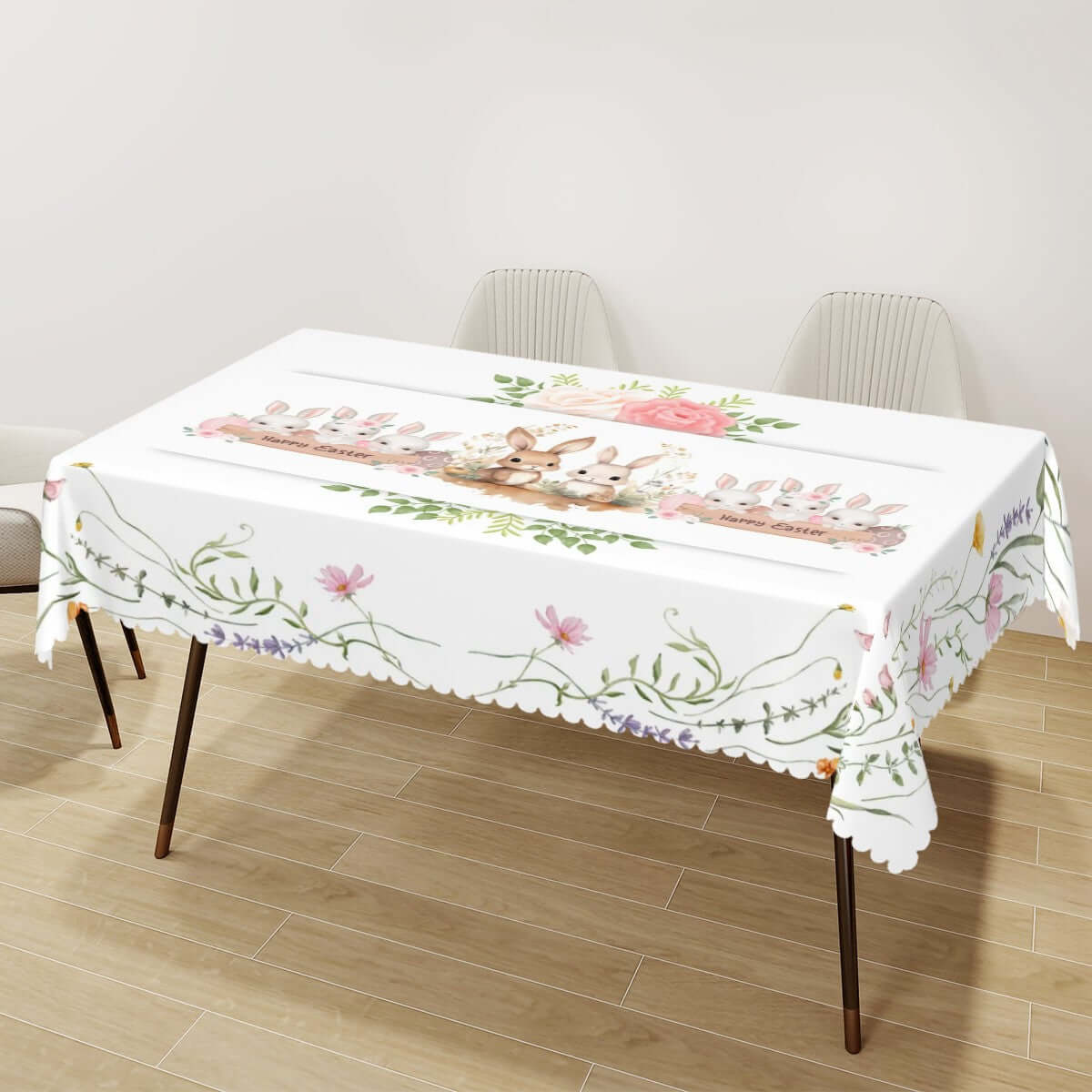 Rechteckige Tischdecke mit Wellenrand Ostermotiv aus Polyester, 72"x54", einseitiger Druck mit Blumendesign, idealer Tischschutz.