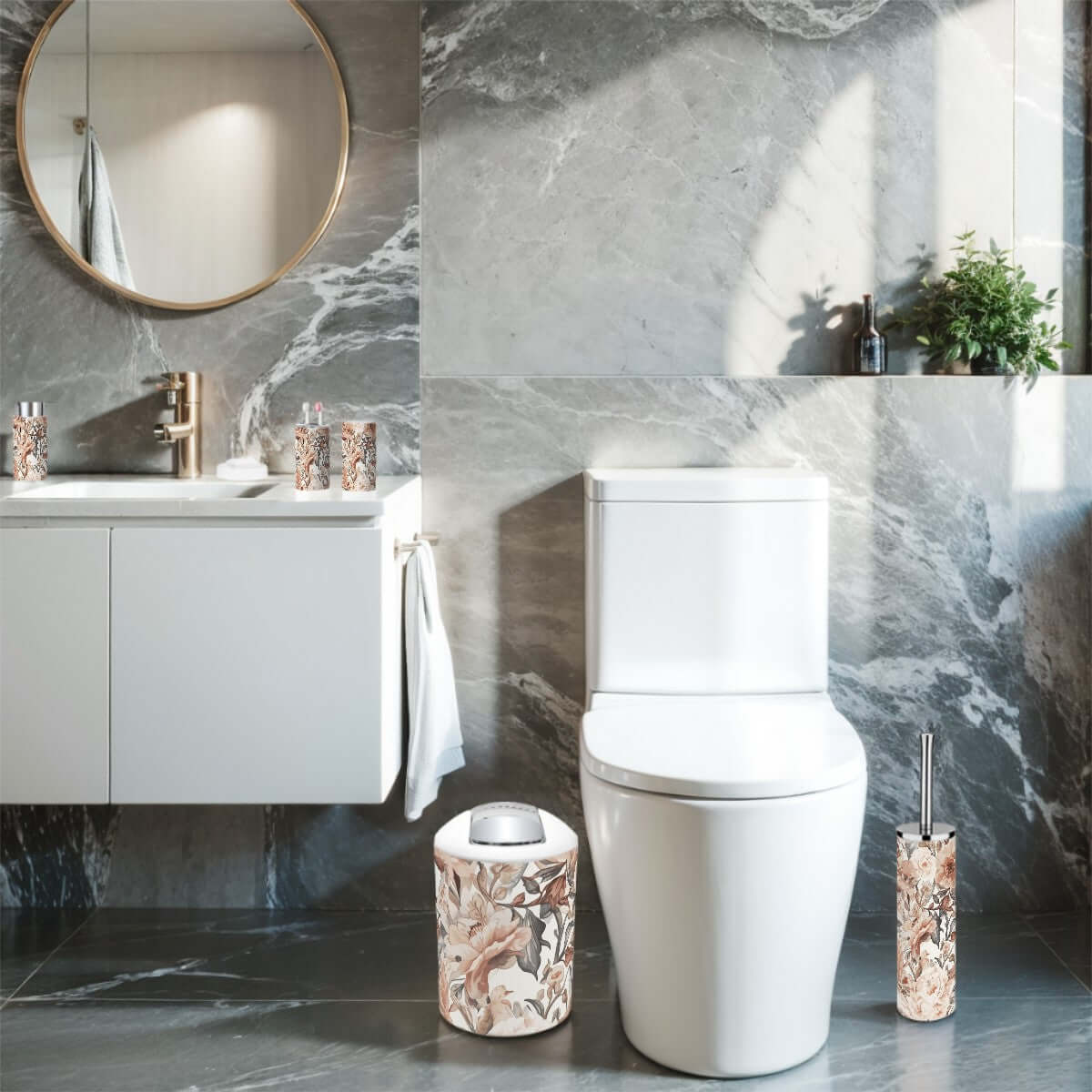 Badezimmer mit 5-teiligem Badezimmer-Accessoires-Set aus Kunststoff, inklusive Zahnbürstenhalter und Becher, modernes Design, wasserdicht.