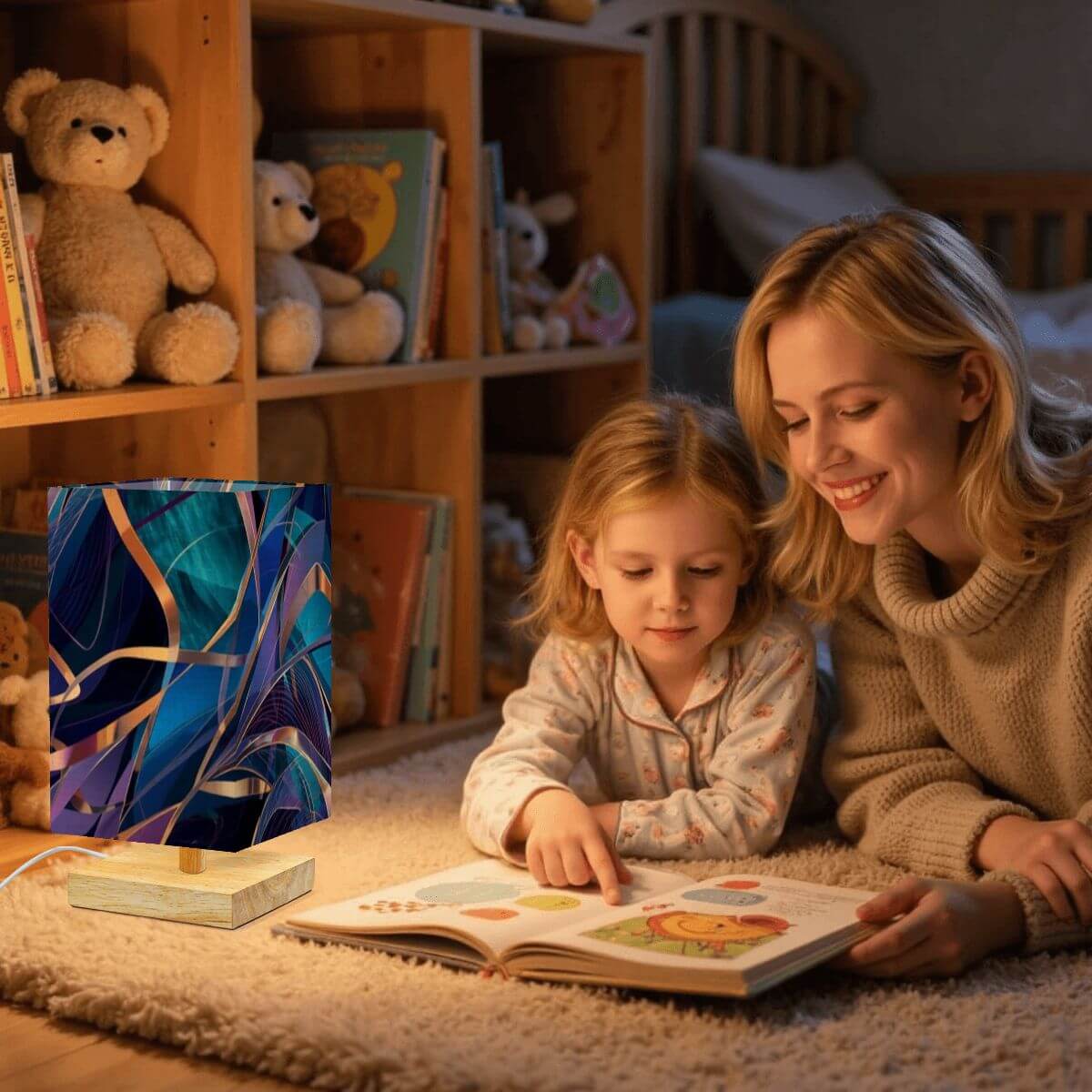 Mutter und Kind lesen neben einer leuchtenden Quadratische Tischlampe mit Leinen- und Gummiholzmaterial im Kinderzimmer