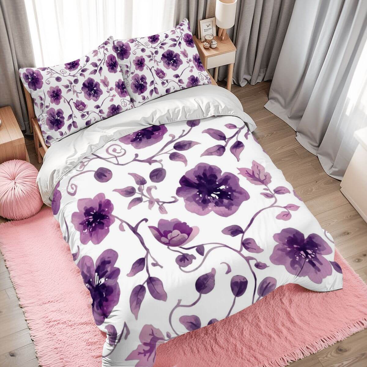 Video Komplettes Bettwäscheset aus 90GSM Polyester mit violettem Blumenmuster, Bettbezug 80"x90", Kissenbezüge 30"x20", 2 Stück.