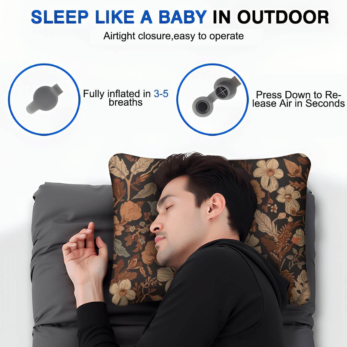 Person sleeping on an aufblasbares Campingkissen with floral design, demonstrating easy inflation and deflation features.