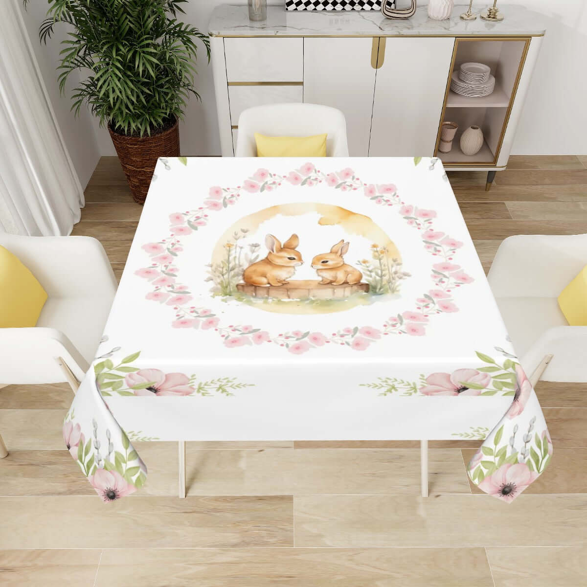 Quadratische Tischdecke Ostermotiv aus Polyester, 54x54 Zoll, mit Häschen-Design, wasserabweisend, ideal für Tischschutz und Dekoration.