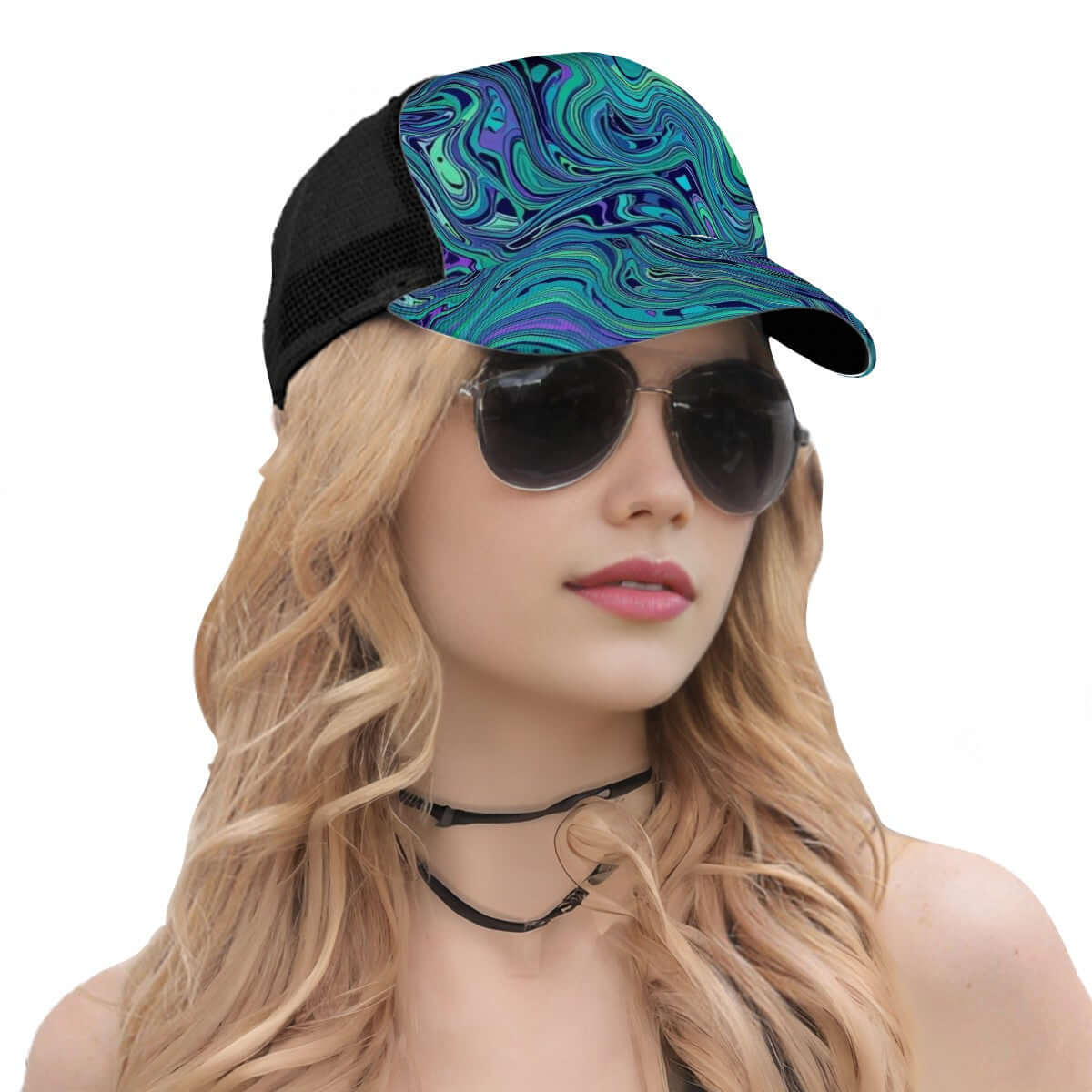 Woman wearing Mesh Baseball Cap (Full Pattern) with vibrant design, showing soft polyester twill fabric and breathable mesh back.