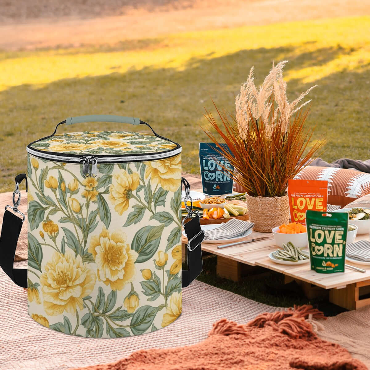 Camping‑Kühltasche aus Polyester in Blumendesign bei einem Picknick im Freien, mit Snacks und Picknick-Accessoires im Hintergrund