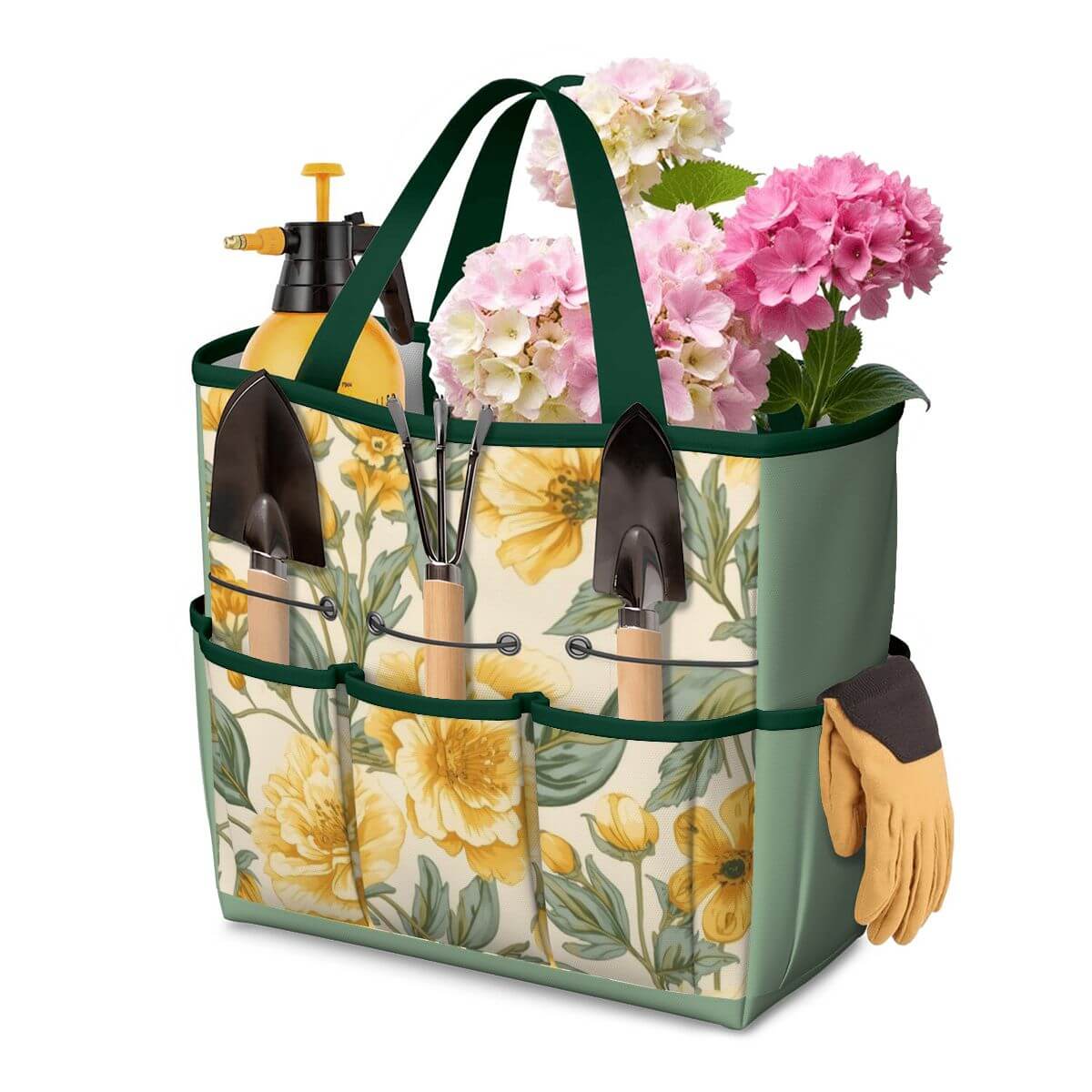 Gartengerätetasche aus Oxford-Stoff mit Blumenmuster, gefüllt mit Gartengeräten und Gartenhandschuhen, ideal für organisierte Aufbewahrung.