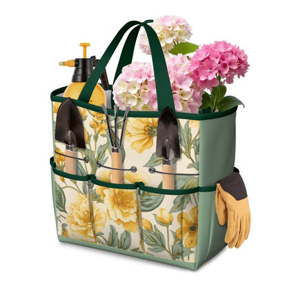 Gartengerätetasche aus Oxford-Stoff mit Blumenmuster, gefüllt mit Gartengeräten und Gartenhandschuhen, ideal für organisierte Aufbewahrung.