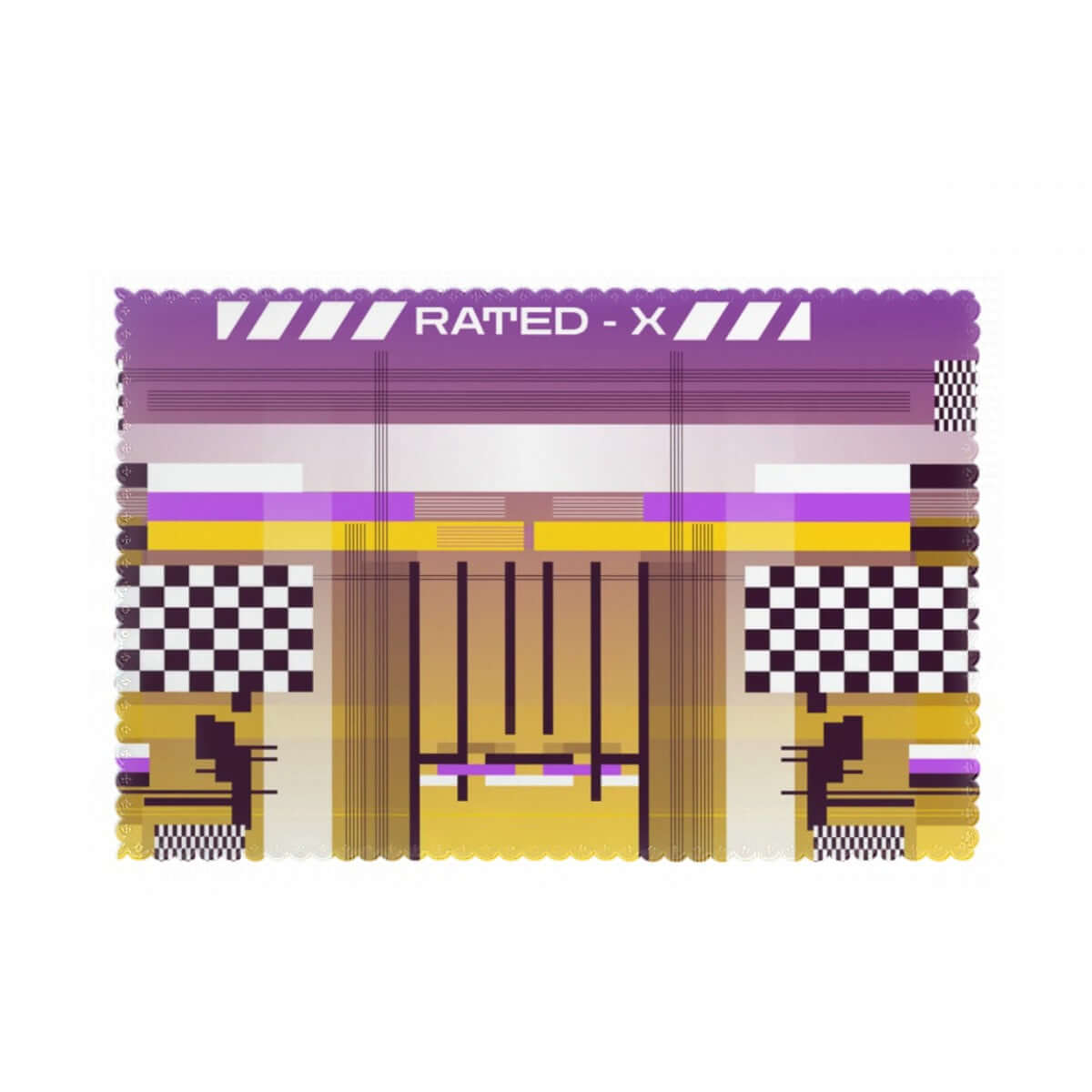 Colorful abstract artwork with geometric shapes and patterns, featuring bold lines and a purple, yellow, and black color scheme.