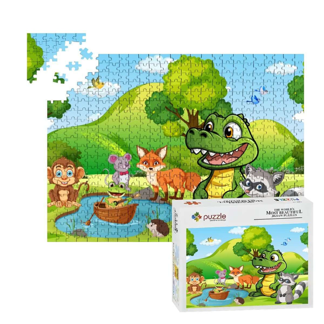 500-teiliges Holzpuzzle (horizontal) mit bunten Tieren in einer Landschaftszene, Teile und Verpackung abgebildet.