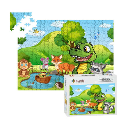 500-teiliges Holzpuzzle (horizontal) mit bunten Tieren in einer Landschaftszene, Teile und Verpackung abgebildet.