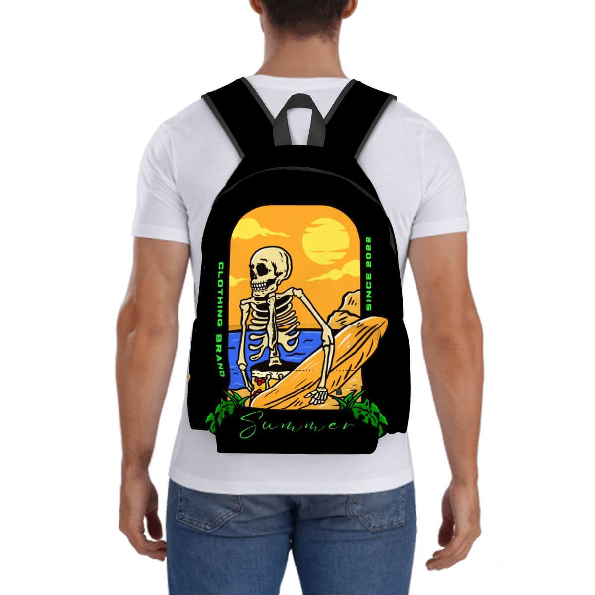 Geräumiger Oxford-Rucksack mit Seitentaschen, Skelett-Design, sommerliche Grafik, ideal für Reisen und Alltag, hochwertige Materialien