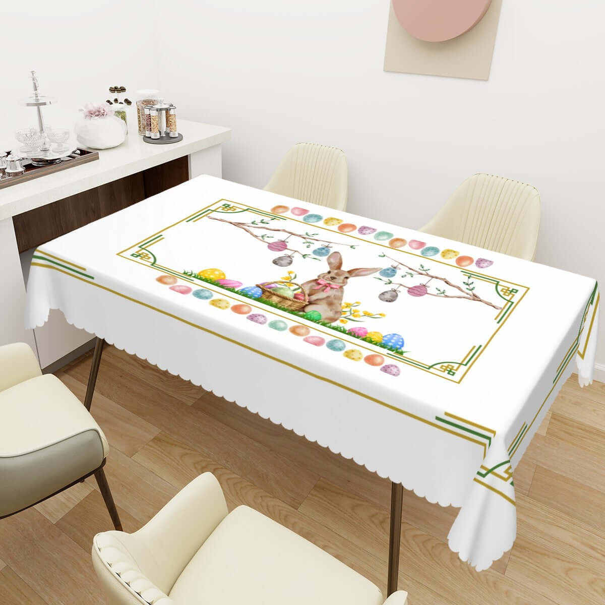 Rechteckige Tischdecke mit Wellenrand Ostermotiv aus 100% Polyester, 72"x54", Einseitiger Sublimationsdruck, wasserdichter Stoff, Dekorpapier.