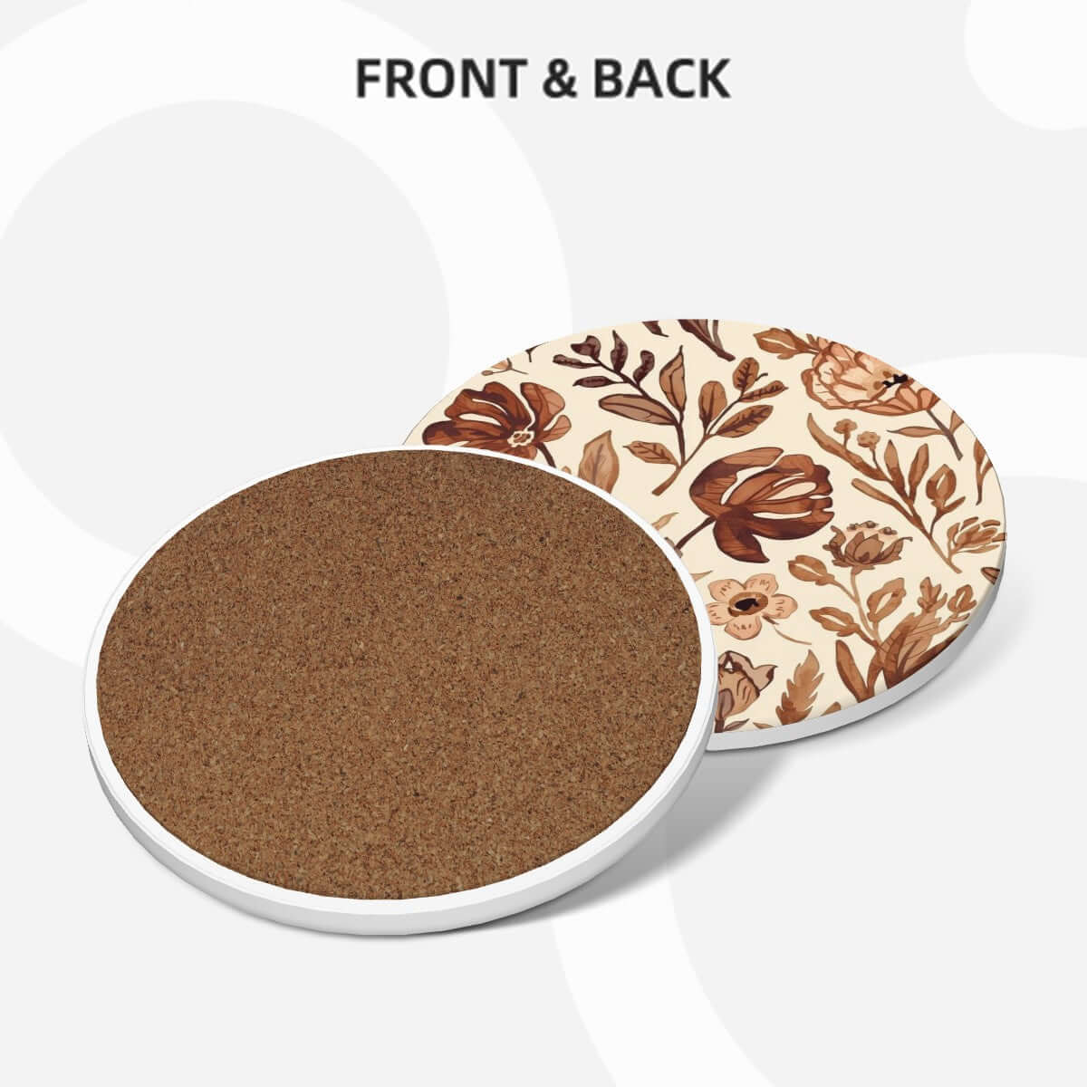 Runde Keramikuntersetzer, 6er-Set, Vorder- und Rückansicht mit blumigem Design, hervorragende Wasseraufnahme, umweltfreundlich.