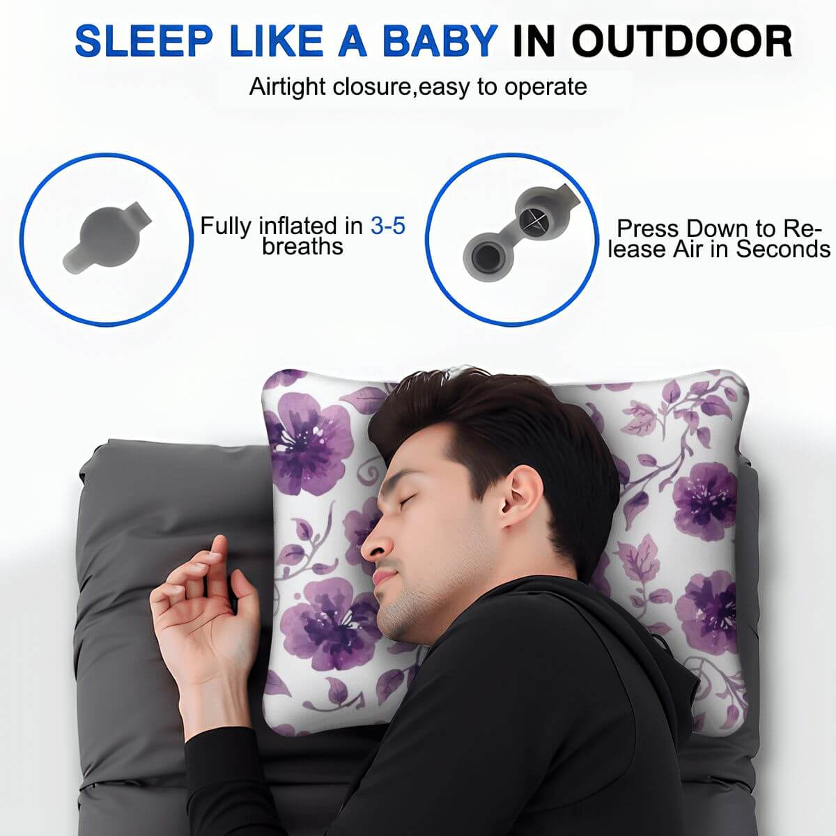 Video Aufblasbares Campingkissen mit floralem Design, hautfreundliches und atmungsaktives Reise-Kissen, perfekt für Outdoor-Schlaf.