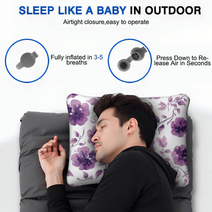 Video Aufblasbares Campingkissen mit floralem Design, hautfreundliches und atmungsaktives Reise-Kissen, perfekt für Outdoor-Schlaf.