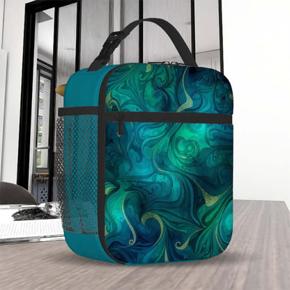 Lunchtasche mit ein schönes Design aus Oxford-Stoff, Polyester, auf einem Tisch, mit blau-grünem Muster.