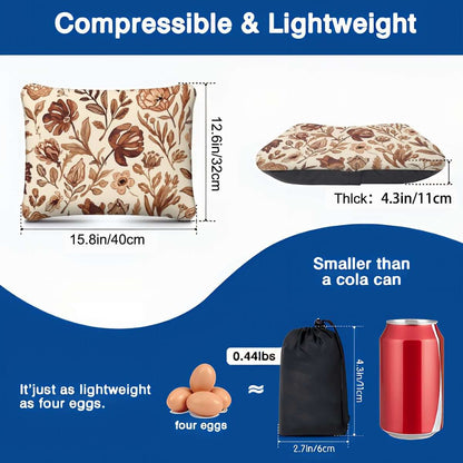 Video Aufblasbares Campingkissen mit floralem Design, Größe 15,8"x12,6"x4,3", leicht, kleiner als Coladose, Polyester.