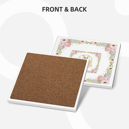 Quadratische Keramikuntersetzer, 6 Stück. Front- und Rückansicht mit floralem Design, ideal für effektiv UV-Druck.