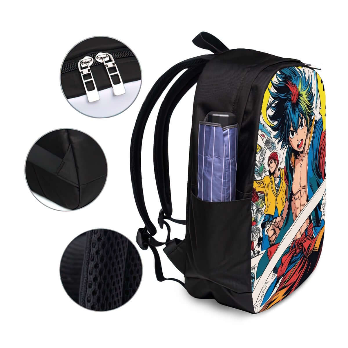 Oxford Reise-Laptop-Rucksack mit USB-Anschluss, schwarzer Polyester-Rucksack mit Anime-Design, Details, verstellbare Gurte