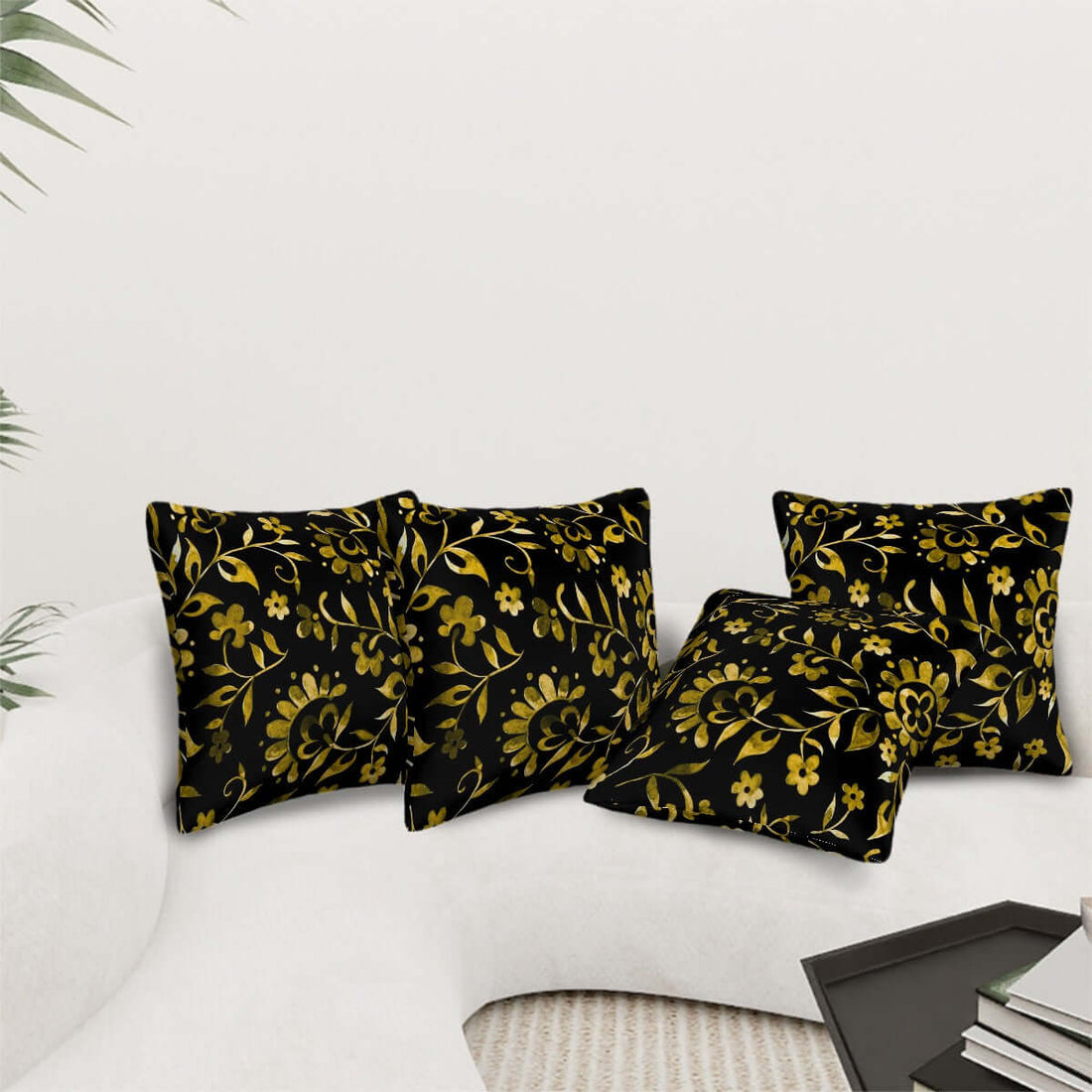 Ganzjahres-Kissenbezüge, 4er-Set mit floralem Design, Polyester, sublimiert, in den Größen 12x12 bis 20x20 auf weißem Sofa platziert.