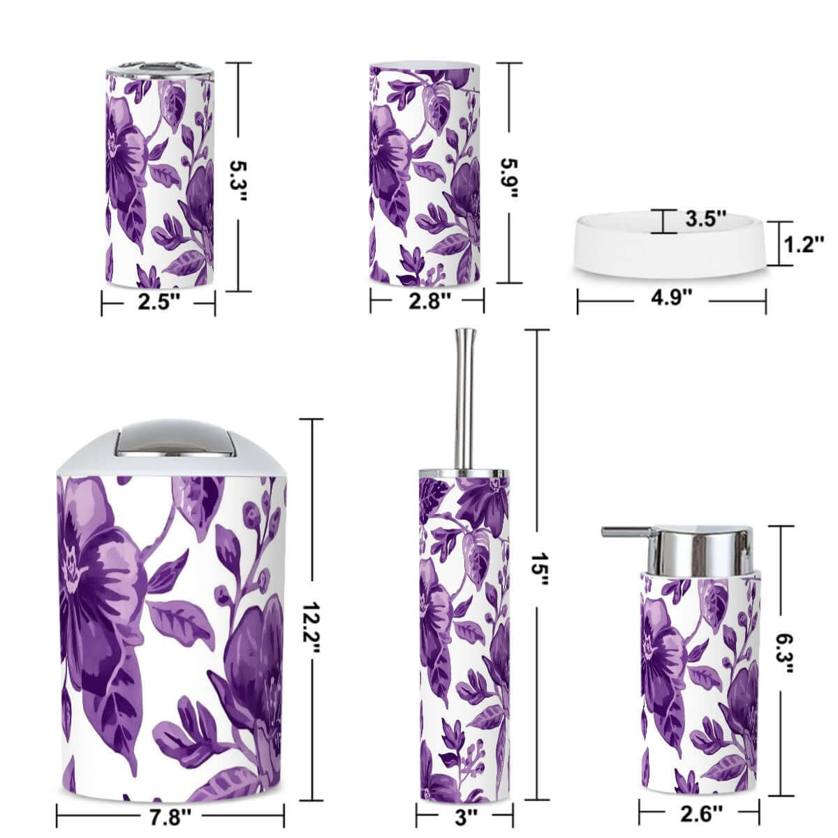 Badezimmer-Accessoires-Set, 5-teilig in lila Blumenmuster, aus Plastik, inklusive Zahnbürstenhalter und Abfallsammler, langlebig und wasserdicht.