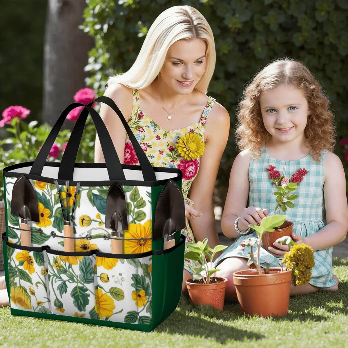 Gartengerätetasche aus Oxford-Stoff mit Blumendruck, ideal für Aufbewahrung, bei Mutter und Kind im Garten mit Pflanzen und Blumentöpfen.