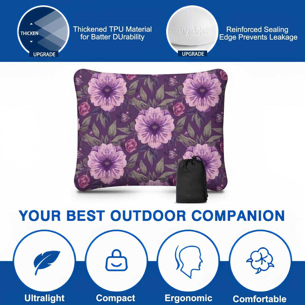 Aufblasbares Campingkissen mit Blumenmuster, ultraleicht und bequem für Outdoor, aus Polyester, einseitiger Druck.