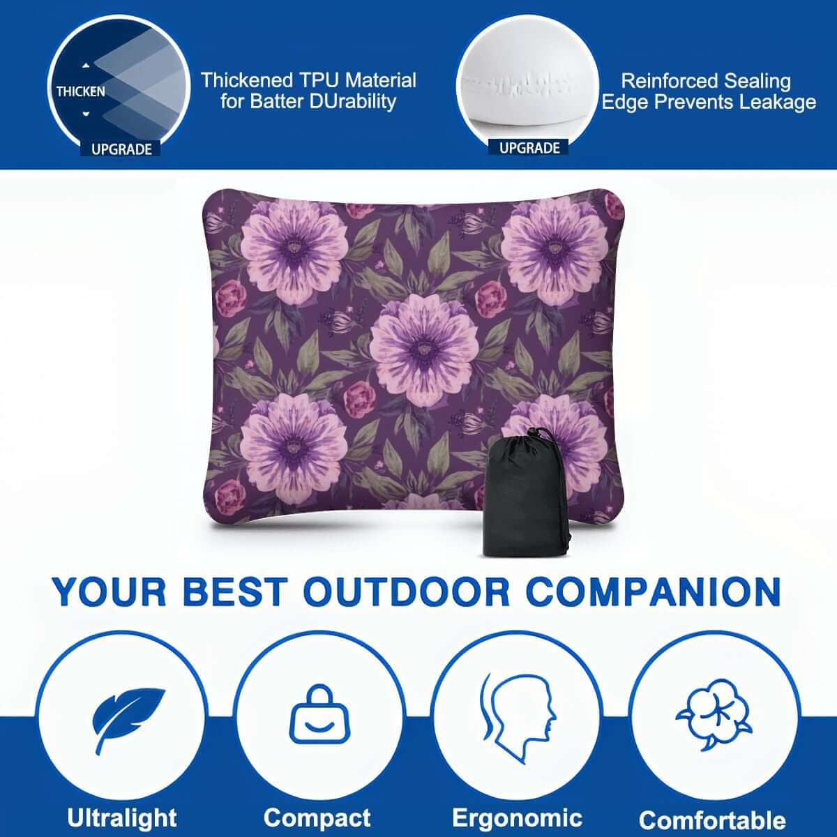 Video Aufblasbares Campingkissen mit Blumenmuster, hautfreundlich, atmungsaktiv, leicht, kompakt und ergonomisch für Outdoor-Aktivitäten.