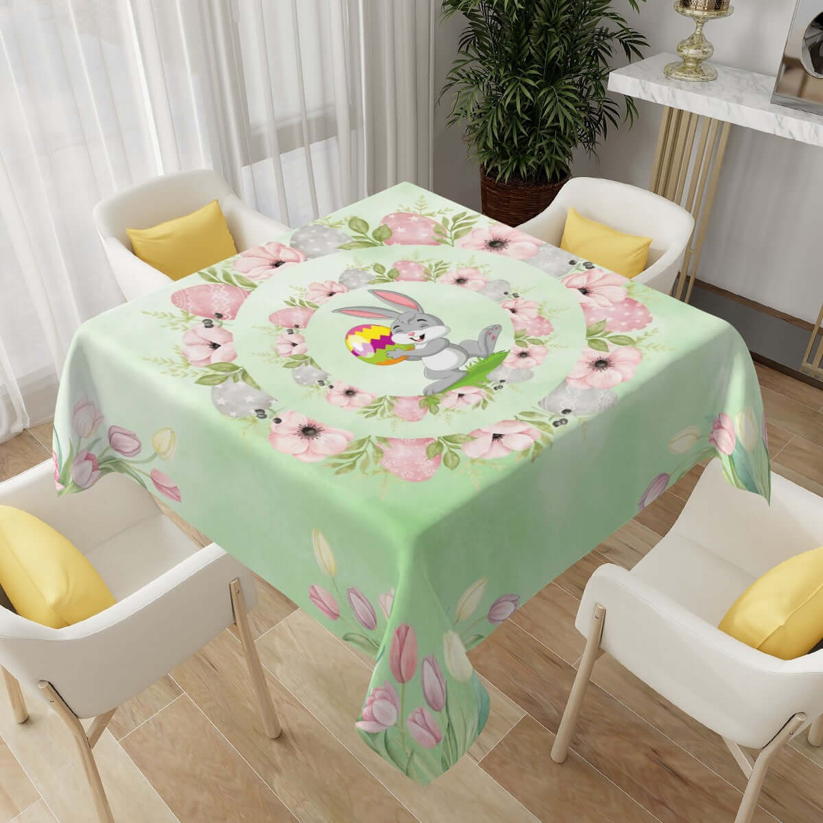 Quadratische Tischdecke Ostermotiv aus Polyester, 54x54 Zoll, einseitiger Sublimationsdruck, wasserabweisend, dekorativer Osterschutz