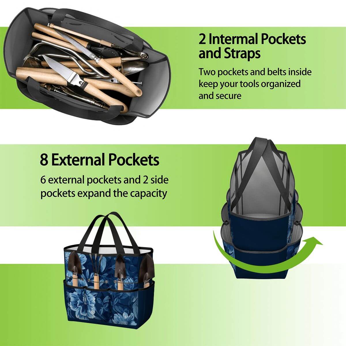 Multifunktionale Gartengerätetasche mit 2 Innen- und 8 Außentaschen aus Oxford-Stoff für organisierte Werkzeugaufbewahrung und Strapazierfähigkeit.