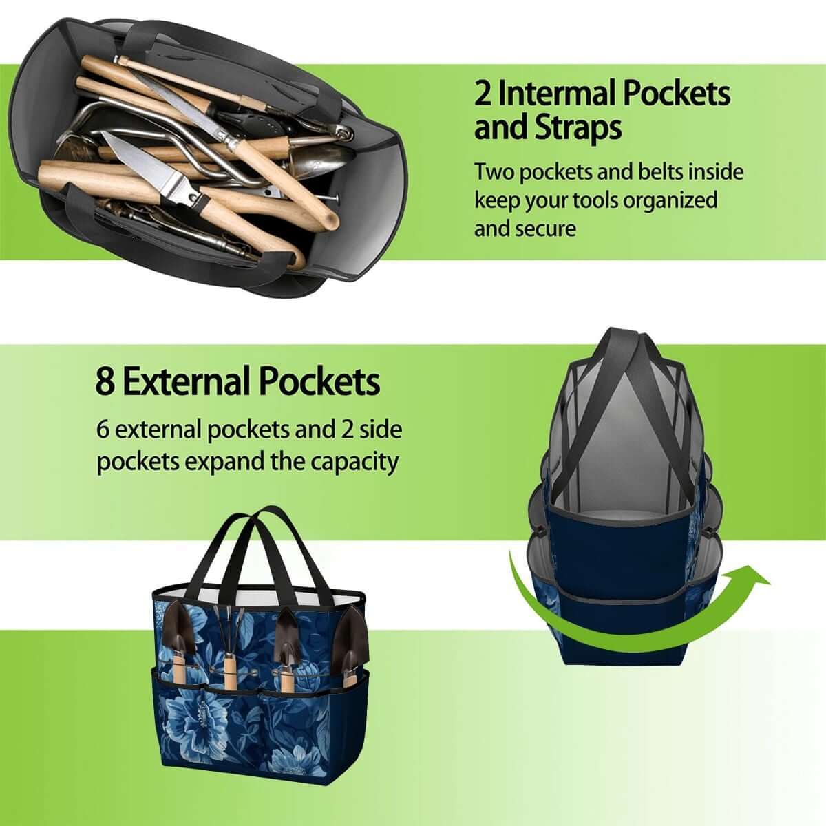 Gartengerätetasche mit internen und externen Taschen, aus Oxford-Stoff, ideal für organisierten Transport von Gartenwerkzeugen.