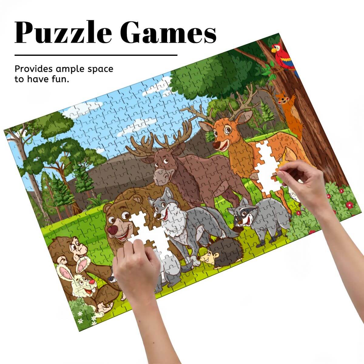 500-teiliges Holzpuzzle (horizontal) mit Tieren im Wald, bietet ausreichend Platz für Puzzle-Spaß.