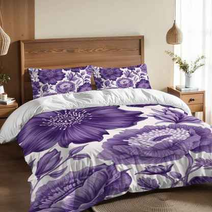 Komplettes Bettwäscheset aus 90GSM Polyester mit lila Blumendesign, sublimierter Bett- und Kissenbezug in modernem Schlafzimmer.