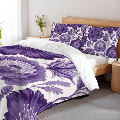 Komplettes Bettwäscheset in lila Blumenmuster auf weißem Hintergrund mit 90GSM Polyester, Bettbezug 80"x90" und Kissenbezüge 30"x20"-2 Stück.