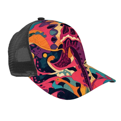 Baseballkappe aus Mesh (vollständiges Muster) aus Polyester-Twill mit Sublimationsdruck, Mesh-Rückseite, buntes Design