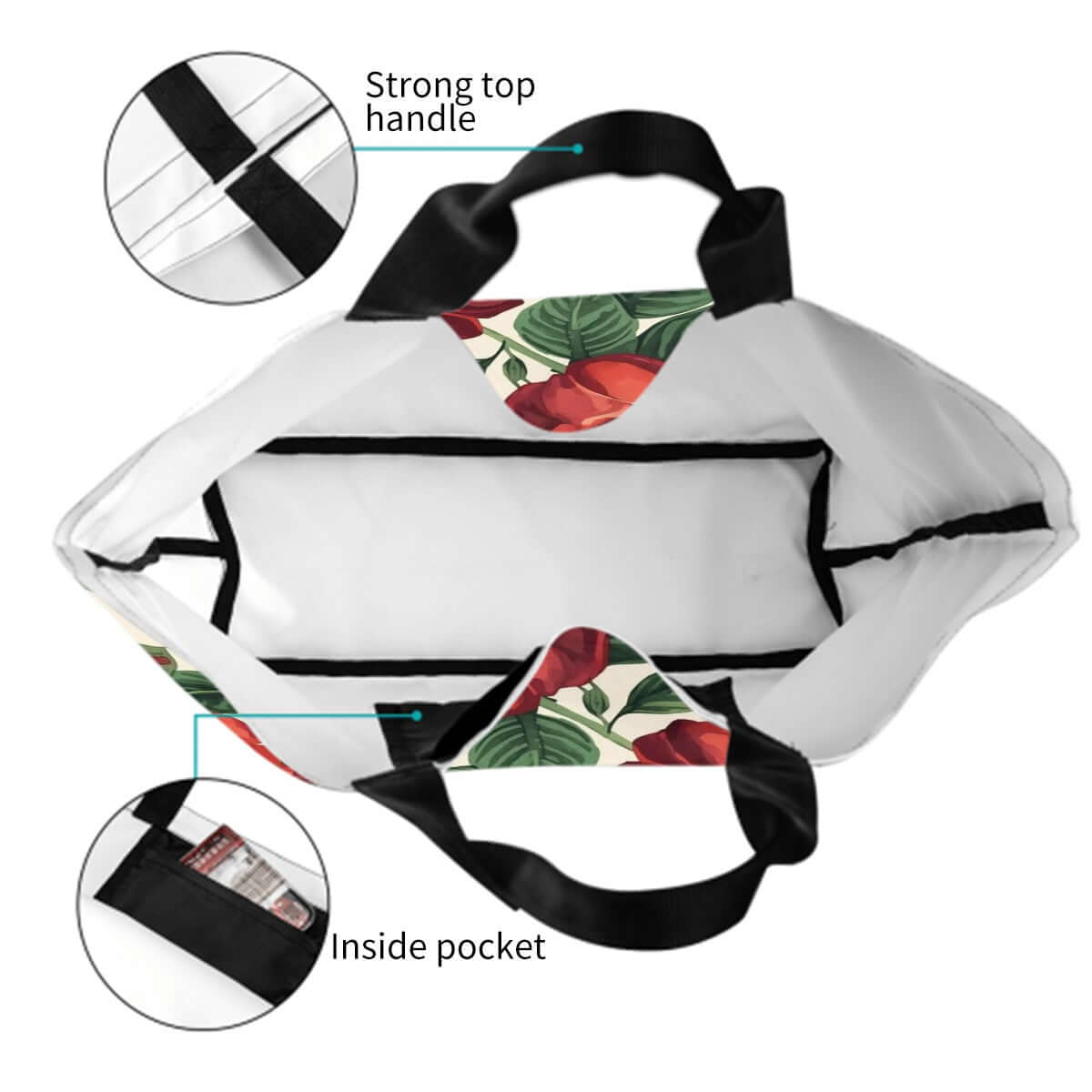 Innenansicht der Große Schultertasche für Damen mit starker Trageschlaufe und Innentasche, Design mit Blumendruck, 100 % Polyester.