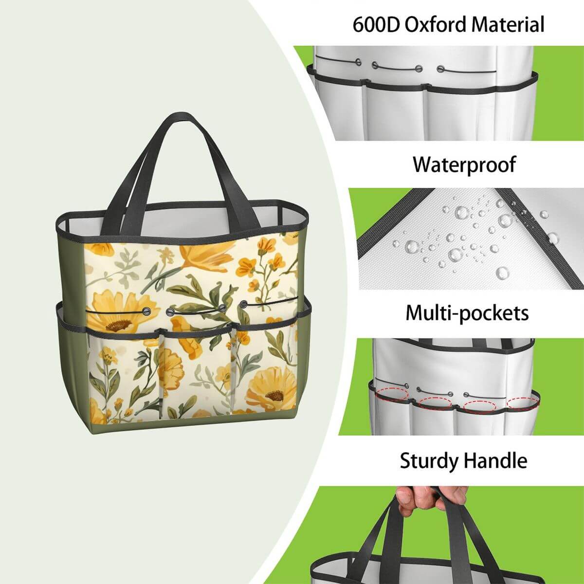 Gartengerätetasche aus 600D Oxford-Stoff, wasserdicht, mit stabilen Griffen und mehreren Taschen für Werkzeuge, Blumendesign