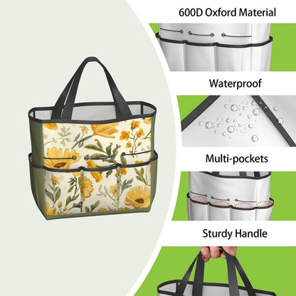 Gartengerätetasche aus 600D Oxford-Stoff, wasserdicht, mit stabilen Griffen und mehreren Taschen für Werkzeuge, Blumendesign