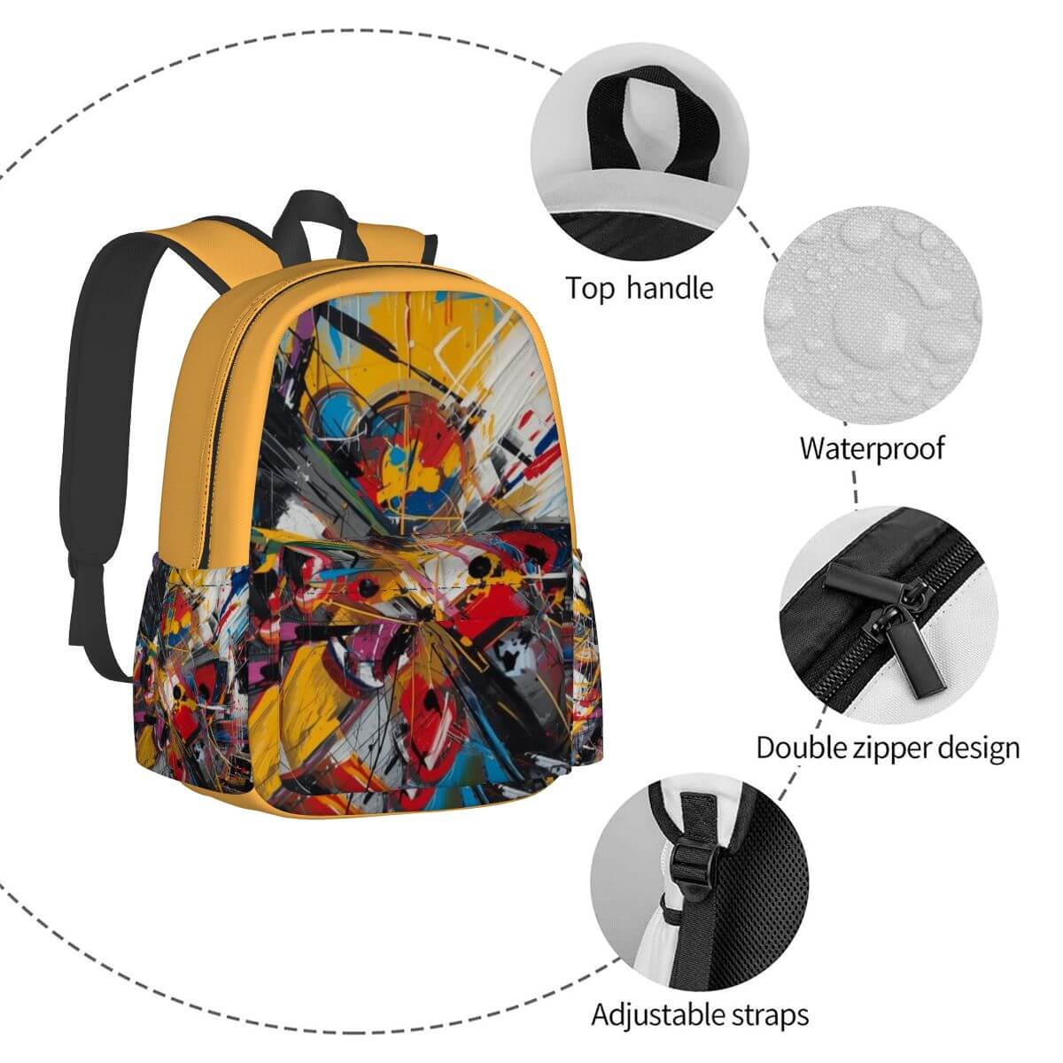 Geräumiger Oxford-Rucksack mit Seitentaschen und abstraktem Design, verstellbaren Gurten, wasserdichtem Material und Doppelreißverschluss.