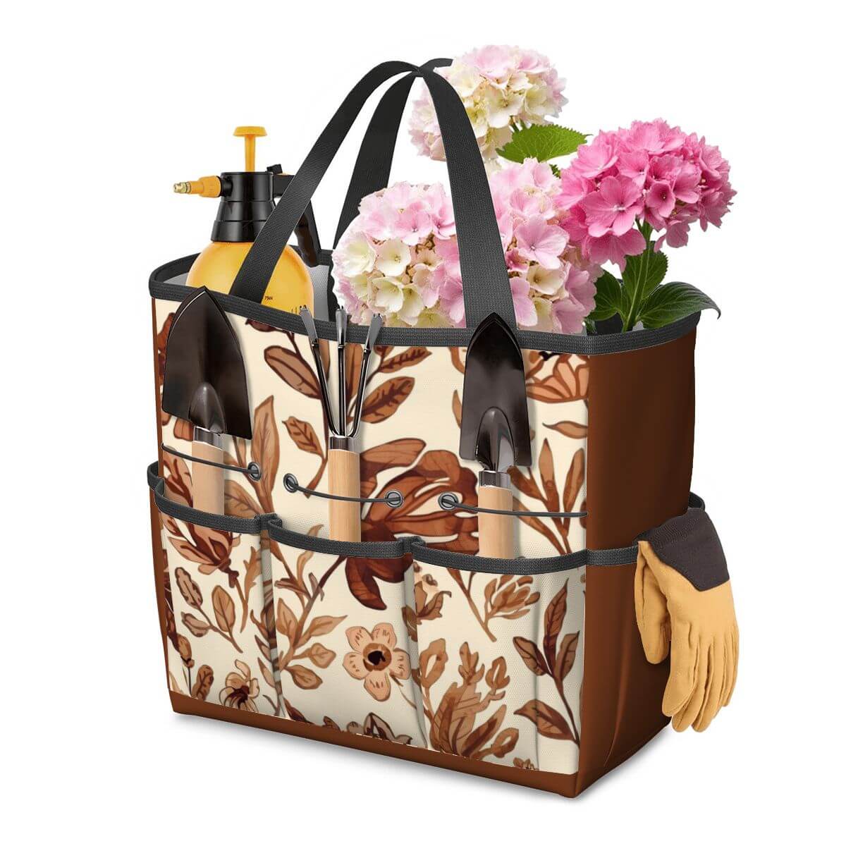 Gartengerätetasche aus Oxford-Stoff mit Blumendruck, gefüllt mit Gartengeräten und Blumen, 11,8"x5,5"x11,4" Größe.