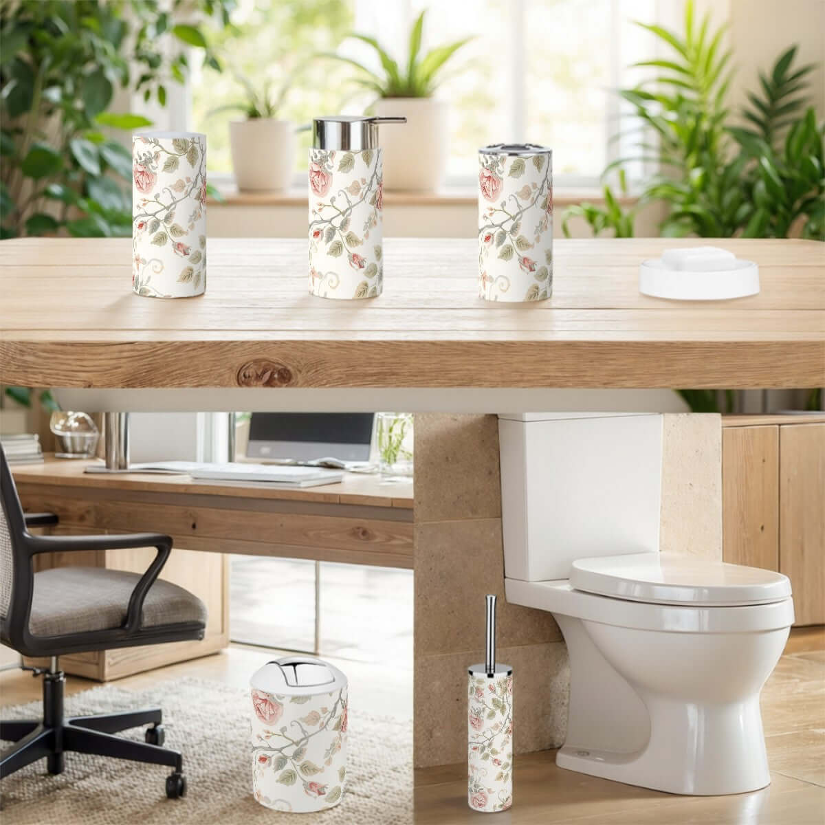 Badezimmer-Accessoires-Set, 5-teilig, floral bedruckt, umfasst Zahnbürstenhalter und Spender, wasserdicht und langlebig, Details ansehen