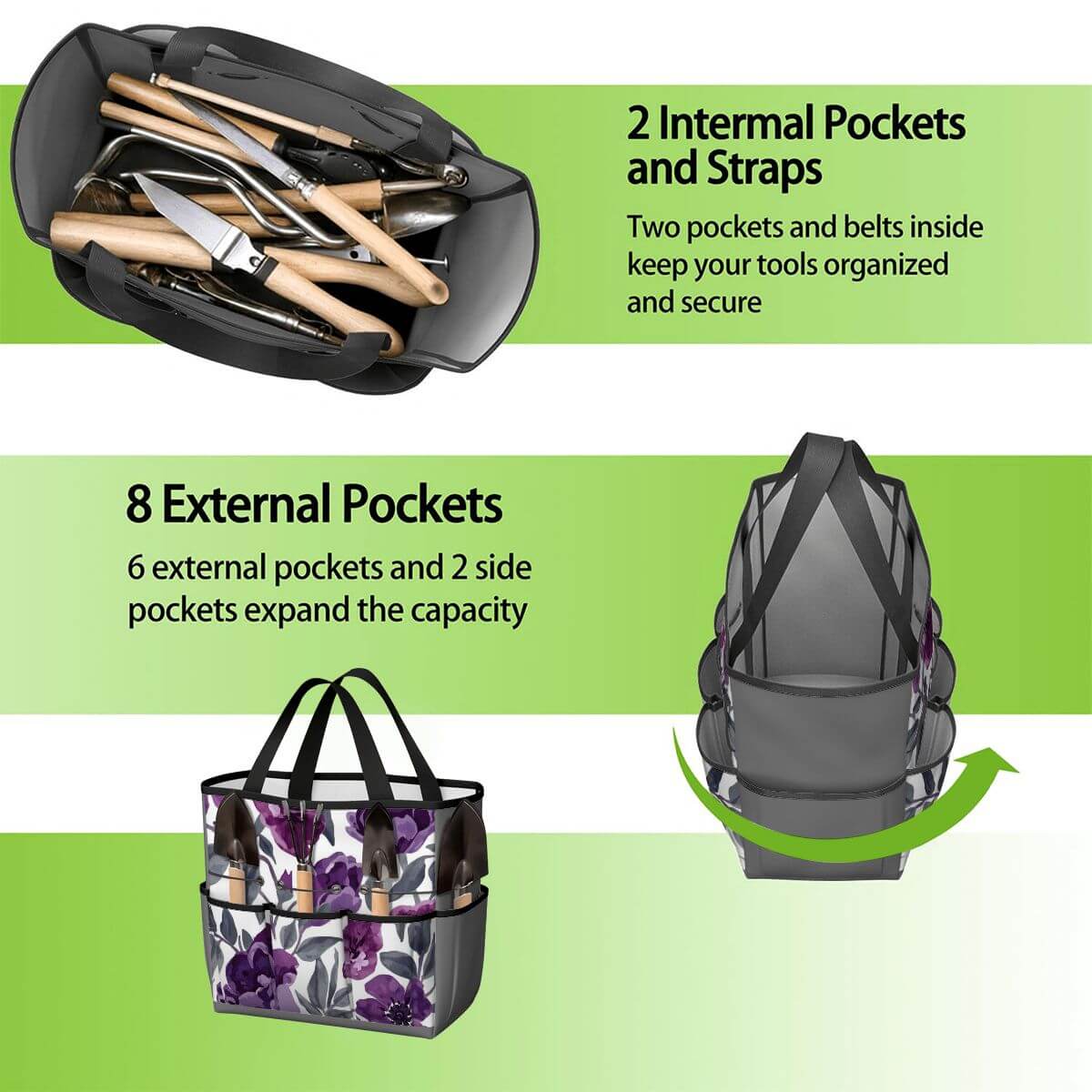 Gartengerätetasche (Werkzeuge nicht enthalten) aus Oxford-Stoff mit vielen Taschen zum Organisieren und Transportieren, zeigt Innen- und Außentaschen.