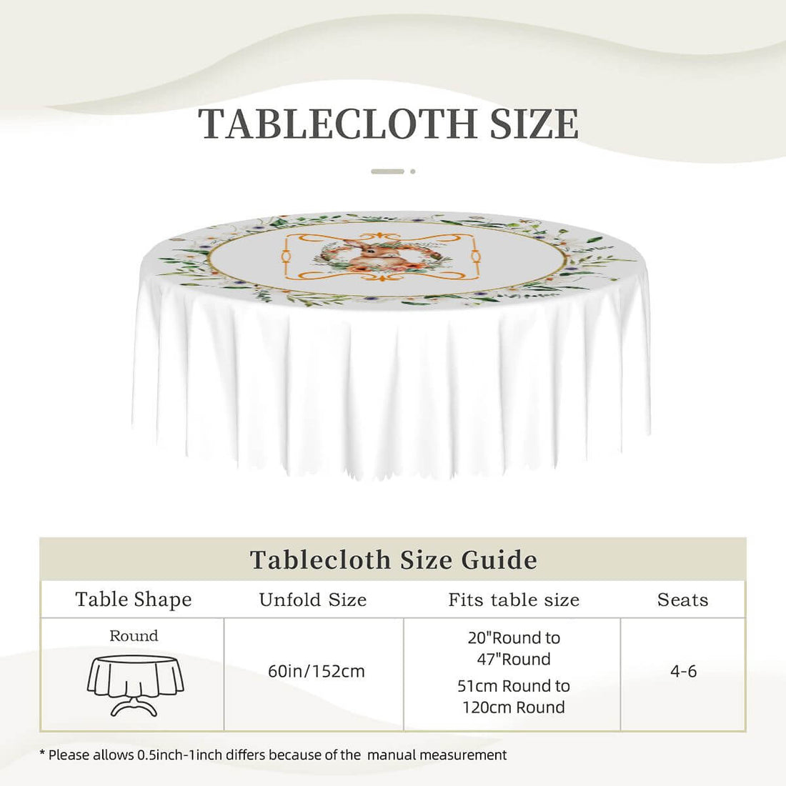 Runde Tischdecke mit gewelltem Rand, 60 Zoll Ostermotiv aus 100% Polyester, wasserabweisend, weich, Tischschutzhülle mit Sublimationsdruck.