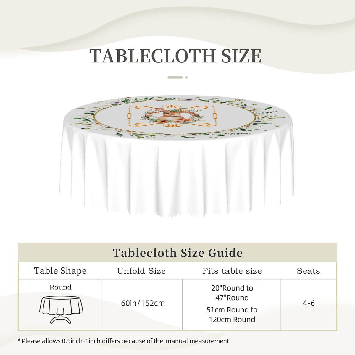 Runde Tischdecke mit gewelltem Rand, 60 Zoll Ostermotiv aus 100% Polyester, wasserabweisend, weich, Tischschutzhülle mit Sublimationsdruck.