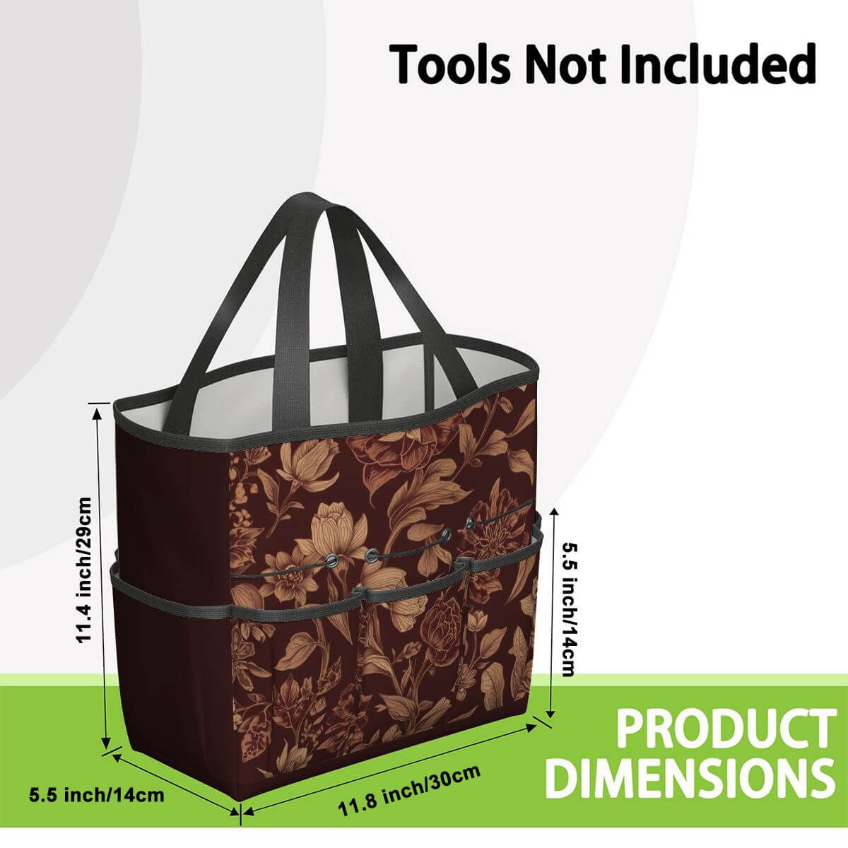 Florale Gartengerätetasche aus Oxford-Stoff mit Produktmaßen und Design, geeignet für Werkzeuge (nicht enthalten).