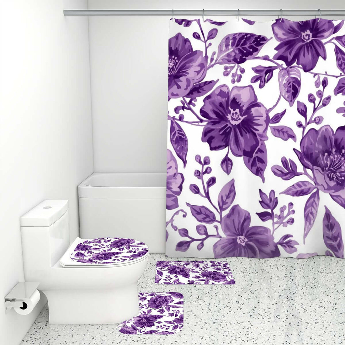 Badezimmerteppich-Set mit Duschvorhang, 4-teilig, lila Blumenmuster aus Polyester, wasserfest, weiche Textur, langlebig