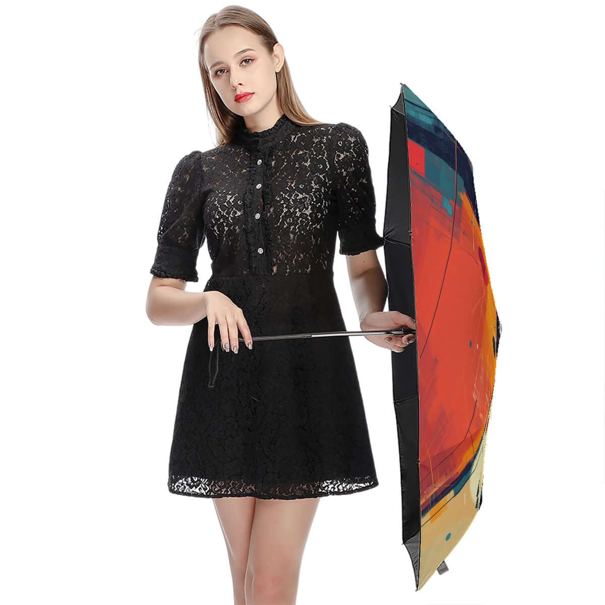 Dame mit UV-Schutz-Regenschirm in kreativem Design, windfest und langlebig