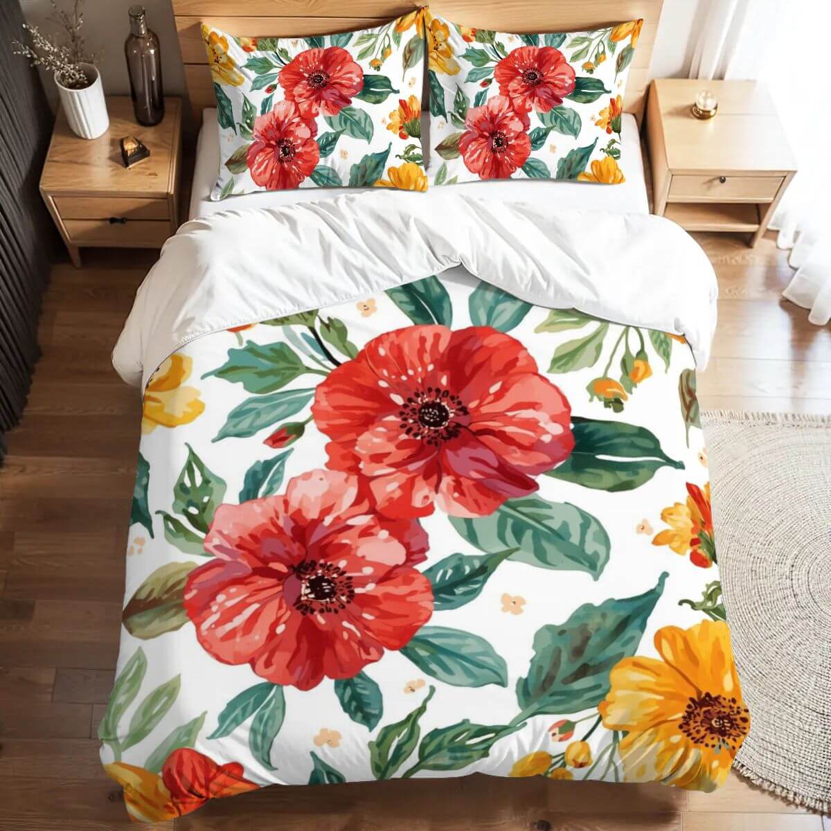 Komplettes Bettwäscheset mit floralem Design aus hochwertigem 90GSM Polyester, Bettbezug und Kissenbezüge, sublimationsbedruckt.